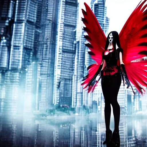 (((fullbody))) evil red geisha, with beautiful and huge wings, cyberpunk, in apocaliptic city