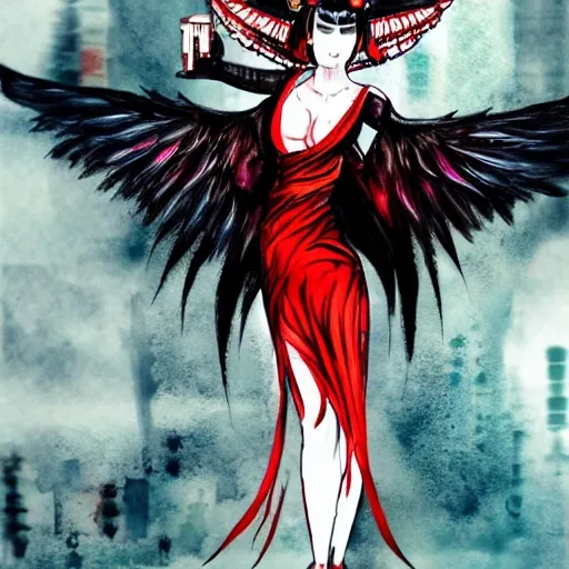 (((fullbody))) evil red geisha, with beautiful and huge wings, cyberpunk, in apocaliptic city, Water Color