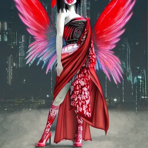 (((fullbody))) evil red geisha, with beautiful and huge wings, cyberpunk, in apocaliptic city, Water Color, 3D