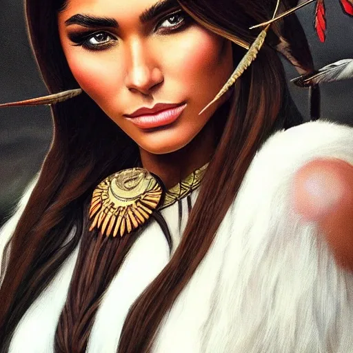 full body portrait photograph of Madison Beer as Pocahontas, young beautiful native american woman, perfect symmetrical face, feather jewelry, traditional handmade dress, armed female hunter warrior, (((wild west))) environment, Utah landscape, ultra realistic, concept art, elegant, ((intricate)), ((highly detailed)), depth of field, ((professionally color graded)), 8k, art by artgerm and greg rutkowski and alphonse mucha, 4k, clean, realistic face, realistic eyes, highest quality, realistic hands, trending on artstation, masterpiece, NSFW, five fingers