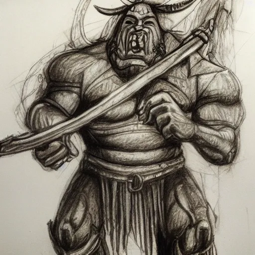 ogre warrior with a bardiche in one hand, ready for war 
, Pencil Sketch