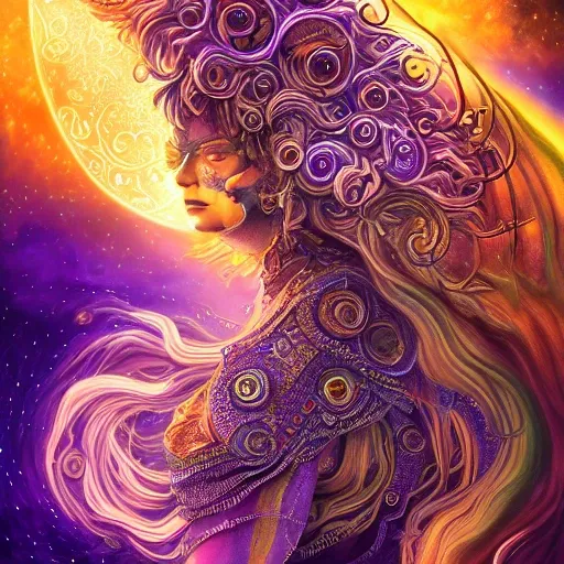 Portrait of a celestial god, high fantasy, digital art, masterpiece painting, ultra detailed, ultra high definition,8K resolution,3D, superior quality, cover illustration, complex design, purple luminous highlights,deep rich vibrant colours, hyperrealistic, meticulously hyper detailed, elegant, smooth
, Water Color