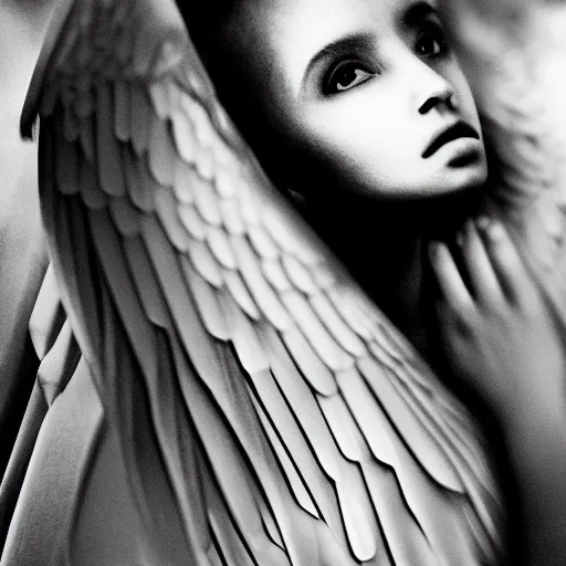 Stunning award, winning close-up, beautiful female fallen angel Black and white photo Orton effect shot on Ilford delta 400, Caffenol developing. unreal engine, octane render, natural lighting --ar 9:16 --style expressive --niji 5 --v 5.1