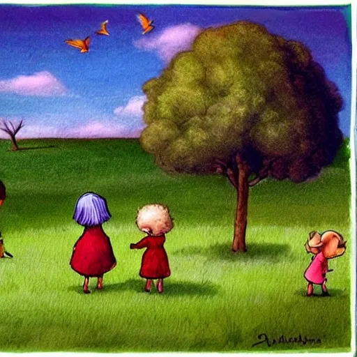 draw an old woman in the field looking towards the horizon happy to see her grandchildren playing in an apple tree, Cartoon, 3D