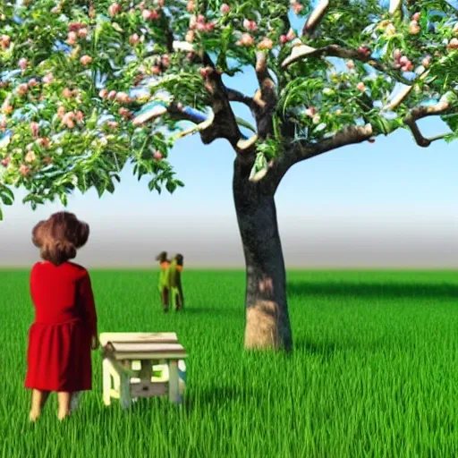 draw an old woman in the field looking towards the horizon happy to see her grandchildren playing in an apple tree , 3D