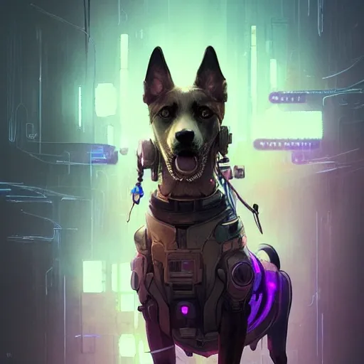 a beautiful portrait of a cute cyberpunk dog by greg rutkowski and wlop, purple blue color scheme, high key lighting, digital art, highly detailed, fine detail, intricate, ornate, complex , 3D