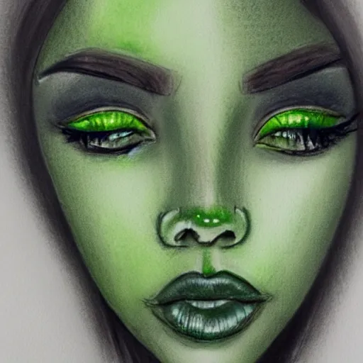 A beautiful black woman with striking green eyes and long eyelashes, looking directly at the camera with a confident expression, editorial style :: green eyes --q 2 --ar 10:12 --style raw, Water Color, Pencil Sketch