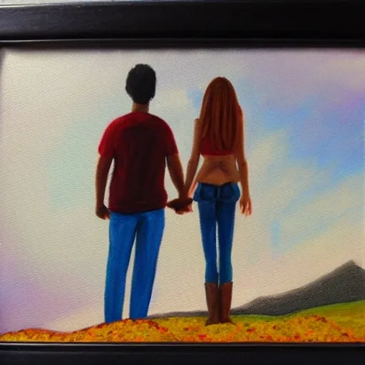 draw me(man,22yo) and my girlfriend(21,female) standing on a flower
 hill holding hands., Oil Painting