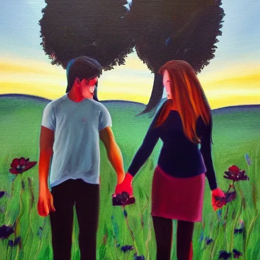 draw me(man,22yo) and my girlfriend(21,female) standing on a flower
 hill holding hands., Oil Painting