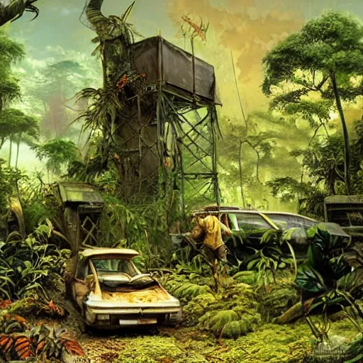 8 k concept art from ninja fighter lost in the jungle by david mattingly and samuel araya and michael whelan and dave mckean and richard corben. realistic matte painting with photorealistic hdr volumetric lighting. composition and layout inspired by gregory crewdson.
