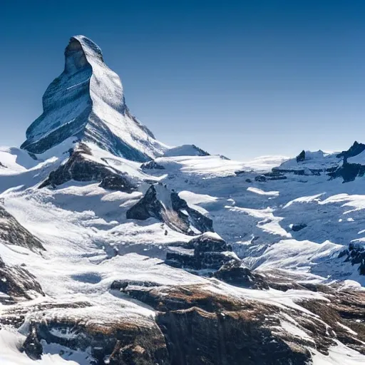 The awe-inspiring beauty of the Matterhorn captivates with its majestic, snow-capped peak towering above pristine alpine meadows. Glacial streams weave through lush valleys, while a serene silence embraces the rugged cliffs, painting a picture of nature's grandeur and tranquility  4k resolution, hyper detailed