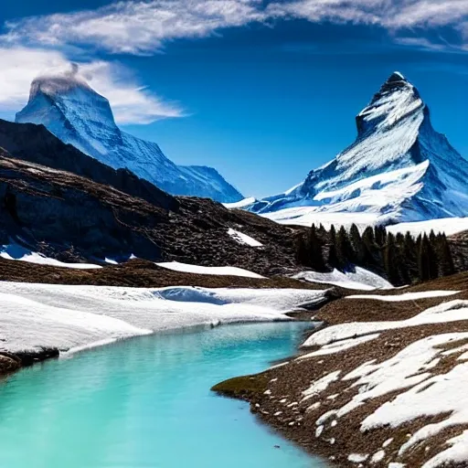 The awe-inspiring beauty of the Matterhorn captivates with its majestic, snow-capped peak towering above pristine alpine meadows. Glacial streams weave through lush valleys, while a serene silence embraces the rugged cliffs, nature's grandeur and tranquility  4k resolution, hyper detailed