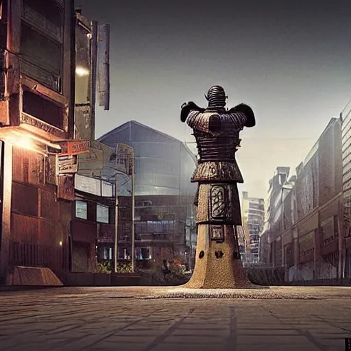 one samurai fighter that is staying alone on a square in Japan by david mattingly and samuel araya and michael whelan and dave mckean and richard corben. realistic matte painting with photorealistic hdr volumetric lighting. composition and layout inspired by gregory crewdson. 8 k  ultra detailed
