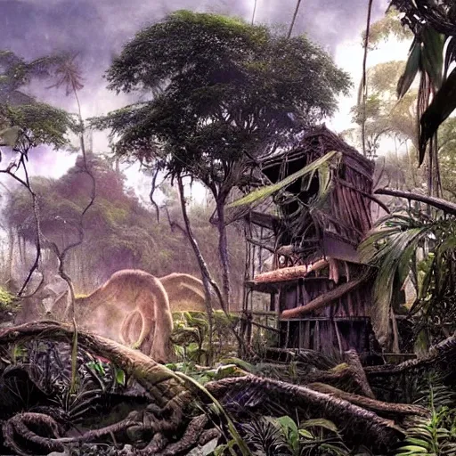 8 k concept art from ninja fighter lost in the jungle by david mattingly and samuel araya and michael whelan and dave mckean and richard corben. realistic matte painting with photorealistic hdr volumetric lighting. composition and layout inspired by gregory crewdson.
