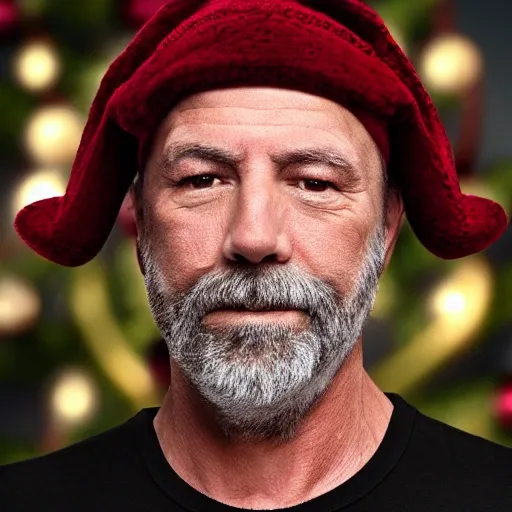 Jim is a middle-aged man with short, graying hair and a rugged appearance. He has a rough, unshaven chin and deep wrinkles around his eyes. He is tall and muscular, with broad shoulders and thick arms. He is wearing a entirely black Gildan 5000, shirt mockup, christmas hat, looking at the camera, christmas tree background, unisex, plain, short sleeves, round neck, front view, high resolution,  highly detailed glossy eyes, specular lighting, dslr, ultra quality, sharp focus, tack sharp, dof, film grain, Fujifilm XT3, crystal clear, 8K UHD, highly detailed glossy eyes, high detailed skin, skin pores