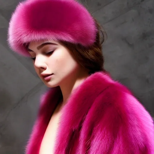 best quality, masterpiece, ultra high res, photorealistic, detailed skin, pink fur coat, lounging