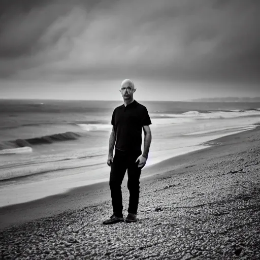 b&w photo of 42 y.o man in black clothes, bald, face, half body, body, high detailed skin, skin pores, coastline, overcast weather, wind, waves, 8k uhd, dslr, soft lighting, high quality, film grain, Fujifilm XT3, 3D