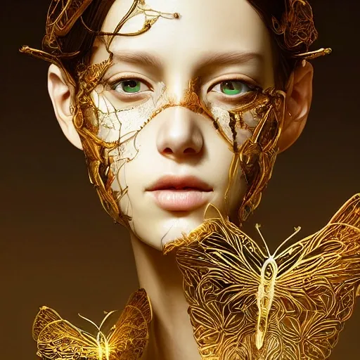 8k portrait of beautiful cyborg with brown hair, intricate, elegant, highly detailed, majestic, digital photography, art by artgerm and ruan jia and greg rutkowski surreal painting gold butterfly filigree, broken glass, (masterpiece, sidelighting, finely detailed beautiful eyes: 1.2), hdr,, 3D