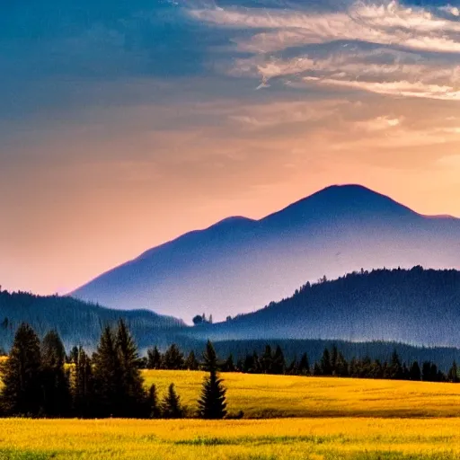 In the style of fine art photography, an image shows a meadow in the foreground and the sun has set in the background in the evening, with a warm and soft evening sunset and mountains. This image is perfect, with impeccable composition and stunning use of color. The lighting is warm and inviting, shining brightly and creating a warm and atmospheric atmosphere. This is a refreshingly beautiful image that captures the essence of nature.
