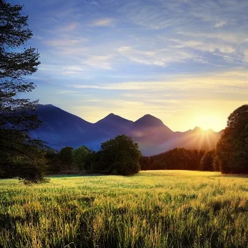 In the style of fine art photography, an image showing a meadow in the foreground with mountains and trees in the background, is warm and soft in the evening when the sun has set. This image is perfect, with impeccable composition and stunning use of color. The lighting is warm and inviting, shining brightly and creating a warm and atmospheric atmosphere. This is a refreshingly beautiful image that captures the essence of nature.