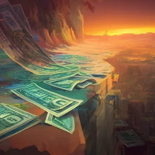 concept art painting that represents money flow.  money, flow, dollar signs, graphs, investments, calming, reassuring, balanced, organized, text elements, financial stability, freedom.

 in the style of makoto shinkai and greg rutkowski and albert bierstadt and james gurney 