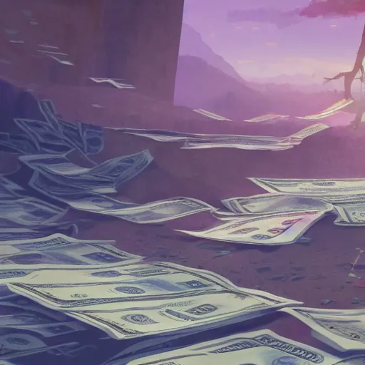 concept art painting that represents money flow.  dollar signs, graphs, investments,  organized, financial stability, freedom.

 in the style of makoto shinkai and greg rutkowski and albert bierstadt and james gurney 