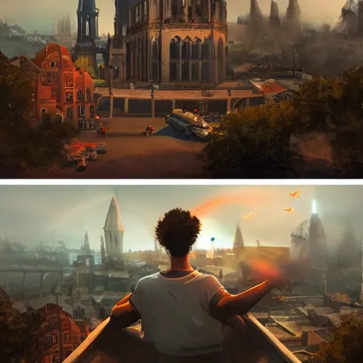 a person living in a top of a buildwing with a nice home, open space at the top with a bbq on it, from the distant a city can be view with people ciclyng, a bus on the street and a cathedral from the distancel low poblation mixed with sea, rural, green fields, Detailed and Intricate, Concept Art, Digital Art, Canon50, Beautiful Lighting, Dynamic Lighting, Excited, Artstation