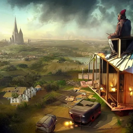 a person living in a top of a buildwing with a nice home, open space at the top with a bbq on it, from the distant a city can be view with people ciclyng, a bus on the street and a cathedral from the distancel low poblation mixed with sea, rural, green fields, Detailed and Intricate, Concept Art, Digital Art, Canon50, Beautiful Lighting, Dynamic Lighting, Excited, Artstation