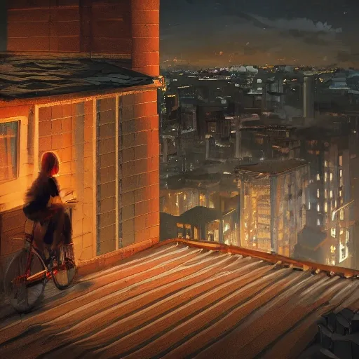 a person living in a roof of a building in a nice home, there is an open space at the top with a BBQ on it, from the distant a city can be viewed with people cycling, a bus on the street and a cathedral from the distance rural, green fields, Detailed and Intricate, Concept Art, Digital Art, Canon50, Beautiful Lighting, Dynamic Lighting, Excited, Artstation