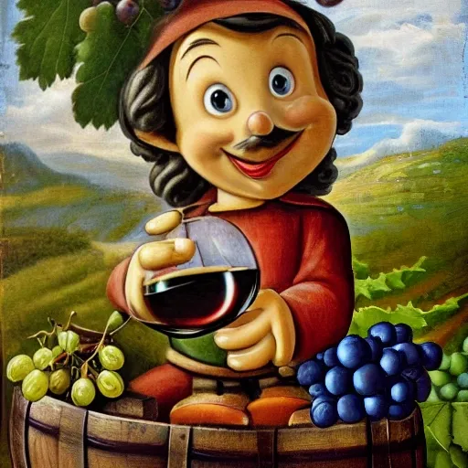 Pinocchio sitting on a wine barrel, surrounded by bunches of grapes and with a glass in his hand, smiling and with a short nose.