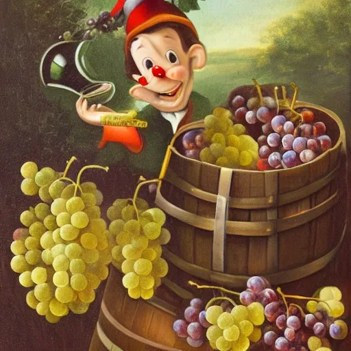 Pinocchio sitting on a wine barrel, surrounded by bunches of grapes and with a glass in his hand, smiling and with a short nose., Oil Painting