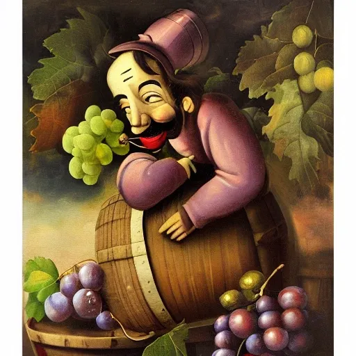 Pinocchio sitting on a wine barrel, surrounded by bunches of grapes and with a glass in his hand, smiling and with a short nose., Oil Painting