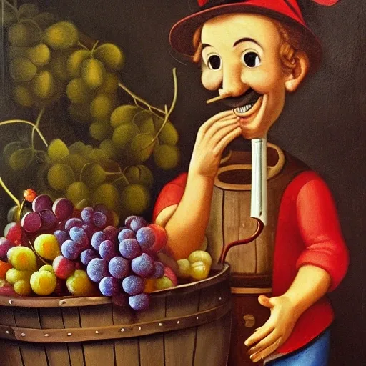 Pinocchio sitting on a wine barrel, surrounded by bunches of grapes and with a glass in his hand, smiling and with a short nose., Oil Painting