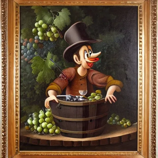 Pinocchio sitting on a wine barrel, surrounded by bunches of grapes and with a glass in his hand, smiling and with a short nose., Oil Painting