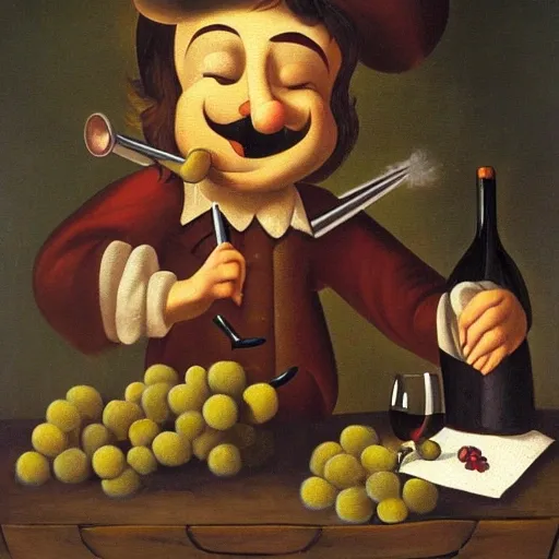 Pinocchio sitting on a wine barrel, surrounded by bunches of grapes and with a glass in his hand, smiling and with a short nose., Oil Painting