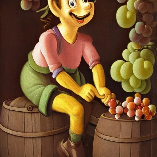 Pinocchio sitting on a wine barrel, surrounded by bunches of grapes and with a glass in his hand, smiling and with a short nose., Oil Painting