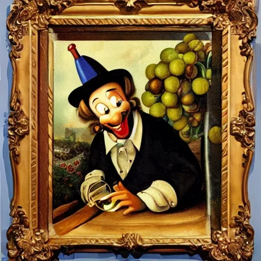 Pinocchio sitting on a wine barrel, surrounded by bunches of grapes and with a glass in his hand, smiling and with a short nose., Oil Painting