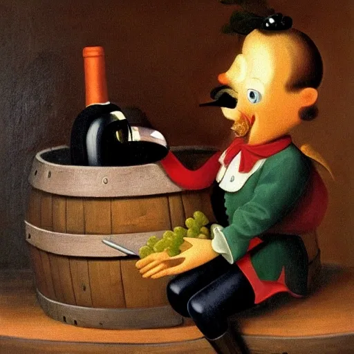 Pinocchio sitting on a wine barrel, surrounded by bunches of grapes and with a glass in his hand, smiling and with a short nose., Oil Painting