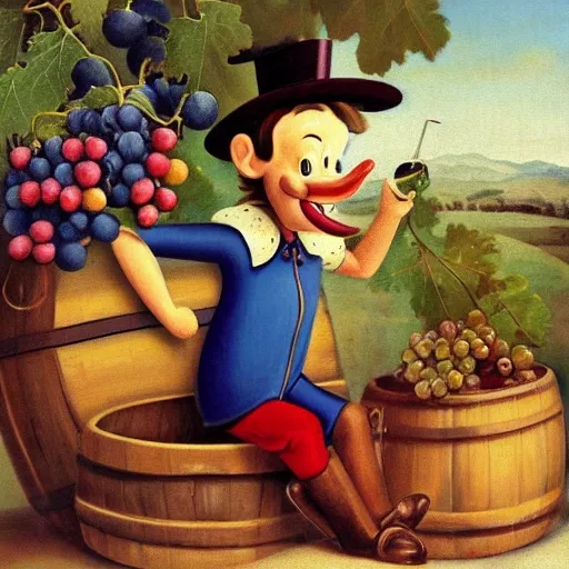 Pinocchio sitting on a wine barrel, surrounded by bunches of grapes and with a glass in his hand, smiling and with a short nose., Oil Painting