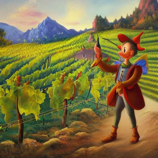 Pinocchio walking through a vineyard, admiring the landscape and the mountains in the background, with the blue fairy by his side and a butterfly perched on his nose., Oil Painting