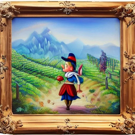 Pinocchio walking through a vineyard, admiring the landscape and the mountains in the background, with the blue fairy by his side and a butterfly perched on his nose., Oil Painting