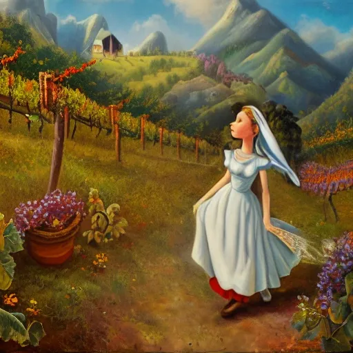 Pinocchio walking through a vineyard, admiring the landscape and the mountains in the background, with the blue fairy by his side and a butterfly perched on his nose., Oil Painting