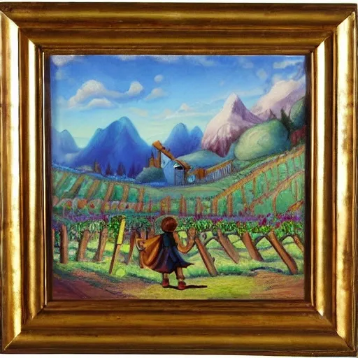 Pinocchio walking through a vineyard, admiring the landscape and the mountains in the background, with the blue fairy by his side and a butterfly perched on his nose., Oil Painting