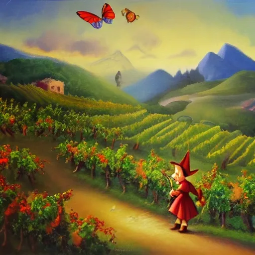 Pinocchio walking through a vineyard, admiring the landscape and the mountains in the background, with the blue fairy by his side and a butterfly perched on his nose., Oil Painting