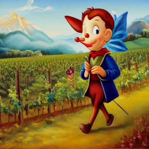 Pinocchio walking through a vineyard, admiring the landscape and the mountains in the background, with the blue fairy by his side and a butterfly perched on his nose., Oil Painting