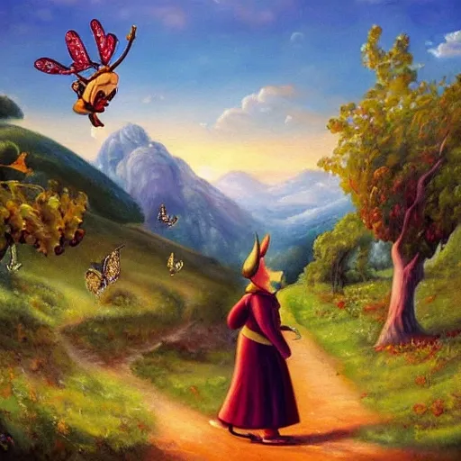 Pinocchio walking through a vineyard, admiring the landscape and the mountains in the background, with the blue fairy by his side and a butterfly perched on his nose., Oil Painting