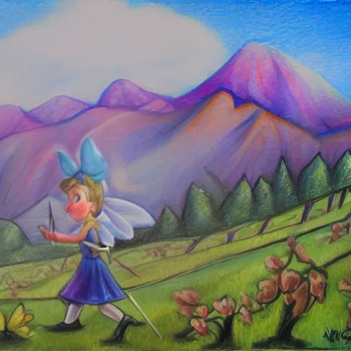 Pinocchio walking through a vineyard, admiring the landscape and the mountains in the background, with the blue fairy by his side and a butterfly perched on his nose., Oil Painting, Pencil Sketch