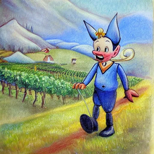 Pinocchio walking through a vineyard, admiring the landscape and the mountains in the background, with the blue fairy by his side and a butterfly perched on his nose., Oil Painting, Pencil Sketch