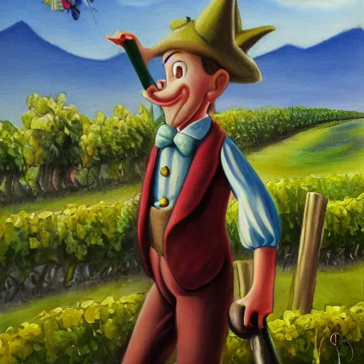 Pinocchio walking through a vineyard, admiring the landscape and the mountains in the background, with the blue fairy by his side and a butterfly perched on his nose., Oil Painting, Pencil Sketch