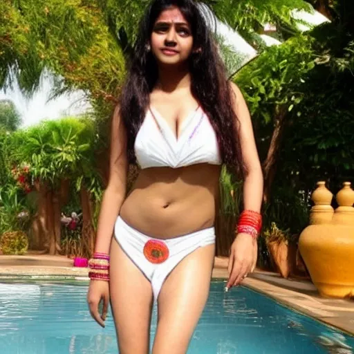 indian bollywood  look alike  girl in swimming pool wearing bikani ,white complexion ,legs should be in whater